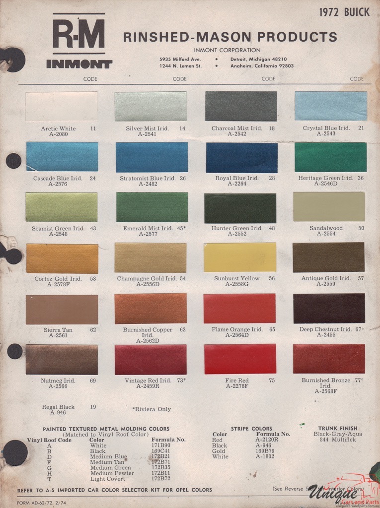 1972 Buick Paint Charts RM 1
